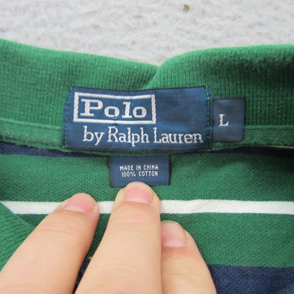 Polo Ralph Lauren Men's Striped Green Navy Yellow Short Sleeve Polo Shirt Size L